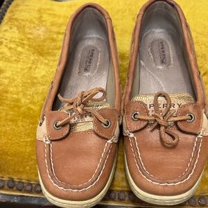 Sperry Leather Boat Shoes in Brown and Tan with gold